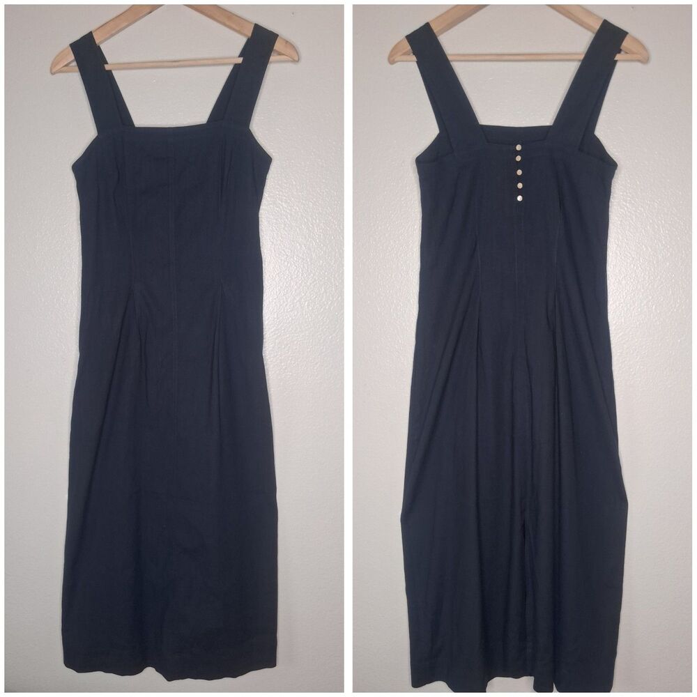 Vince Midi Dress Dark Navy Square Neck Stretch Linen Blend Size XS *Missing Belt